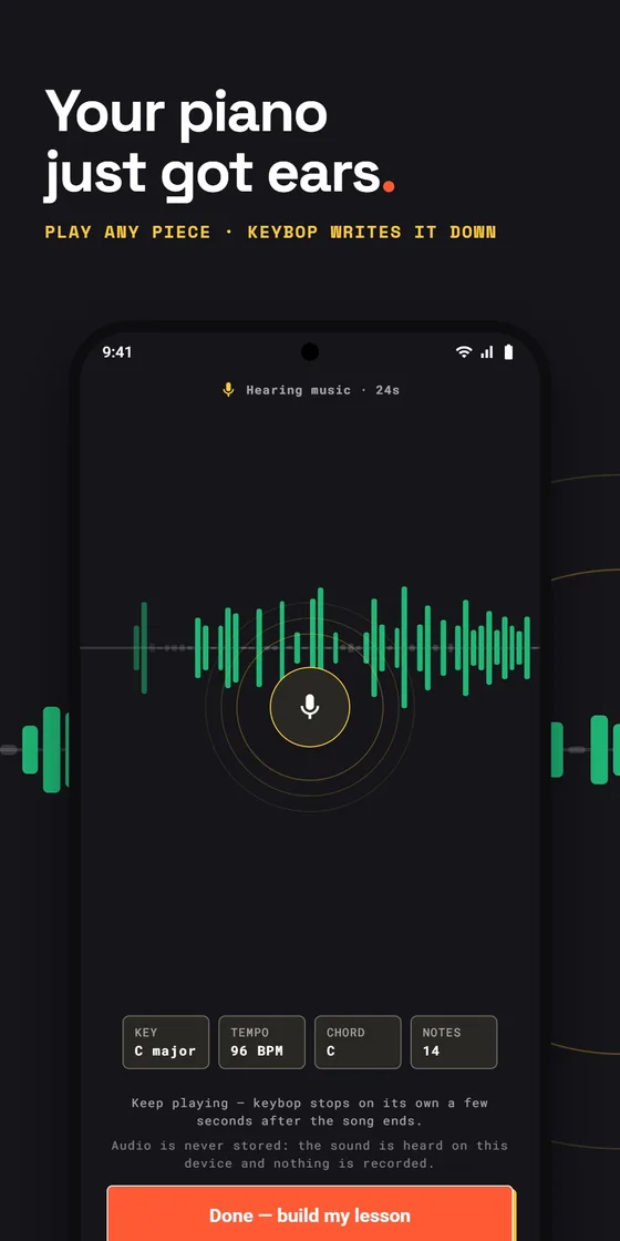 Your piano just got ears: Keybop Listen mode hearing a piano piece, showing C major, 96 BPM and the notes heard so far