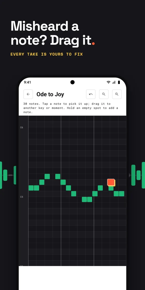 Misheard a note? Drag it: the piano-roll note editor with one note picked up