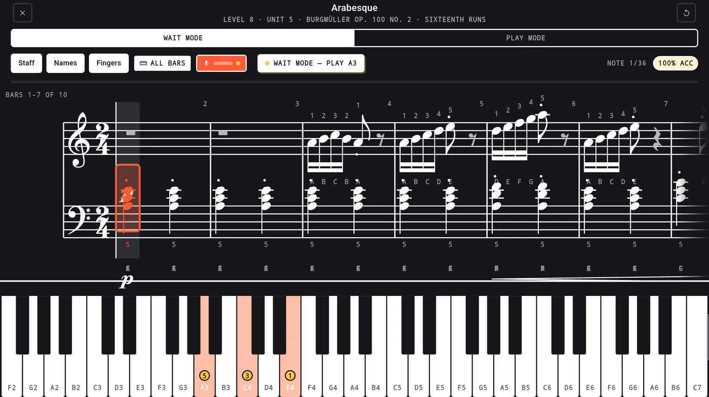 Tablet view: engraved score above a full-width keyboard